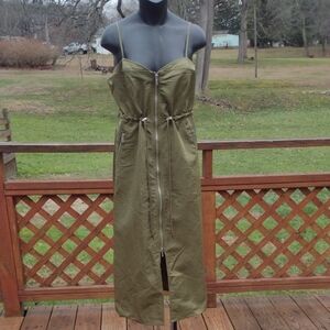 Future Collective Olive Green Zip Front Nylon Smocked Dress Size Medium New